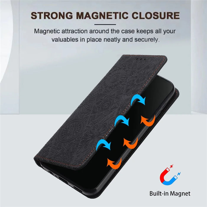 Wallet Case for iPhone 15 Pro Stand Shell PU Leather Retro Flower Imprinted Phone Cover - Black - 6