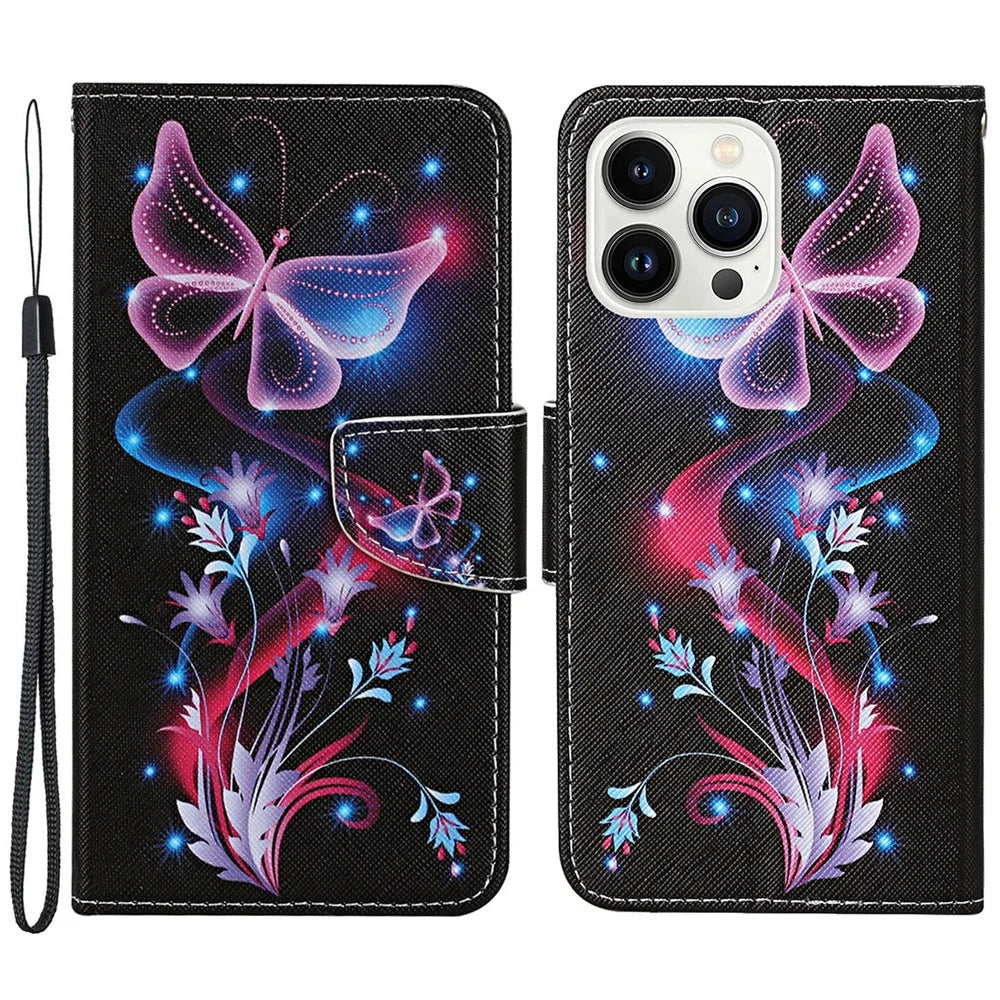 For iPhone 15 Pro Max PU Leather Wallet Case Pattern Printing Stand Cross Texture Phone Cover with Strap - Fluorescent Butterflies - 1