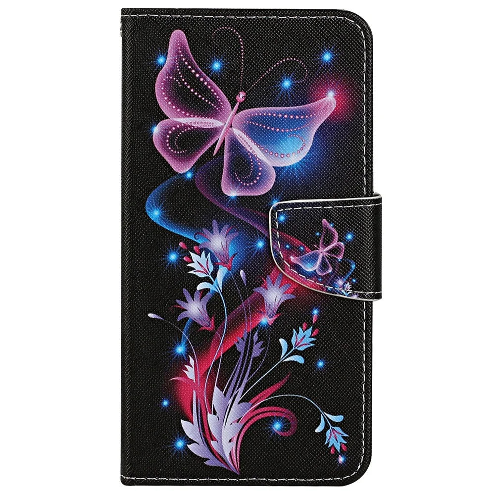 For iPhone 15 Pro Max PU Leather Wallet Case Pattern Printing Stand Cross Texture Phone Cover with Strap - Fluorescent Butterflies - 7