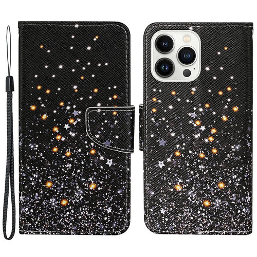 For iPhone 15 Pro Pattern Printing PU Leather Phone Case Cross Texture Wallet Stand Cover with Strap - Shattered Stars - 1