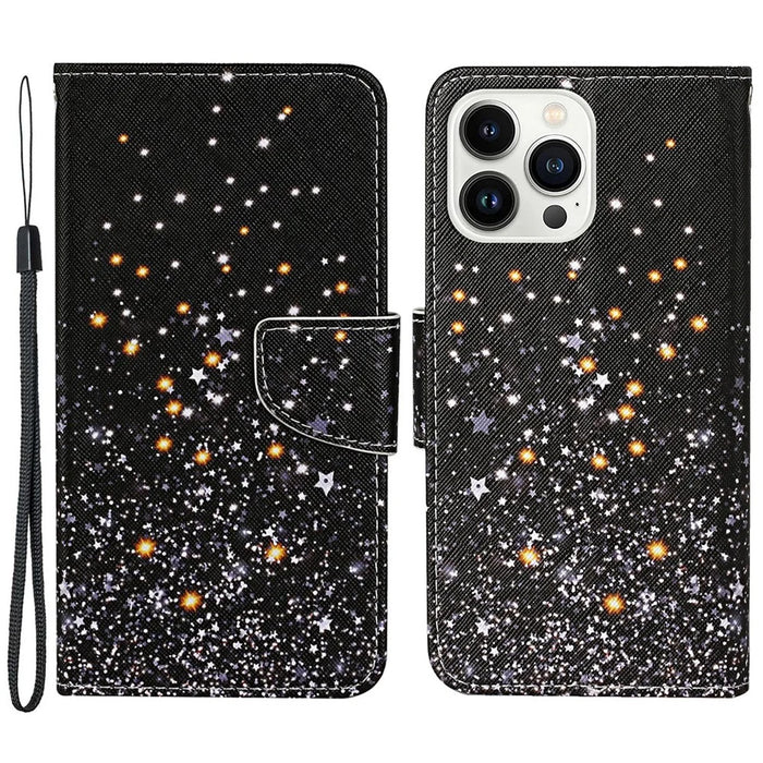 For iPhone 15 Pro Pattern Printing PU Leather Phone Case Cross Texture Wallet Stand Cover with Strap - Shattered Stars - 1