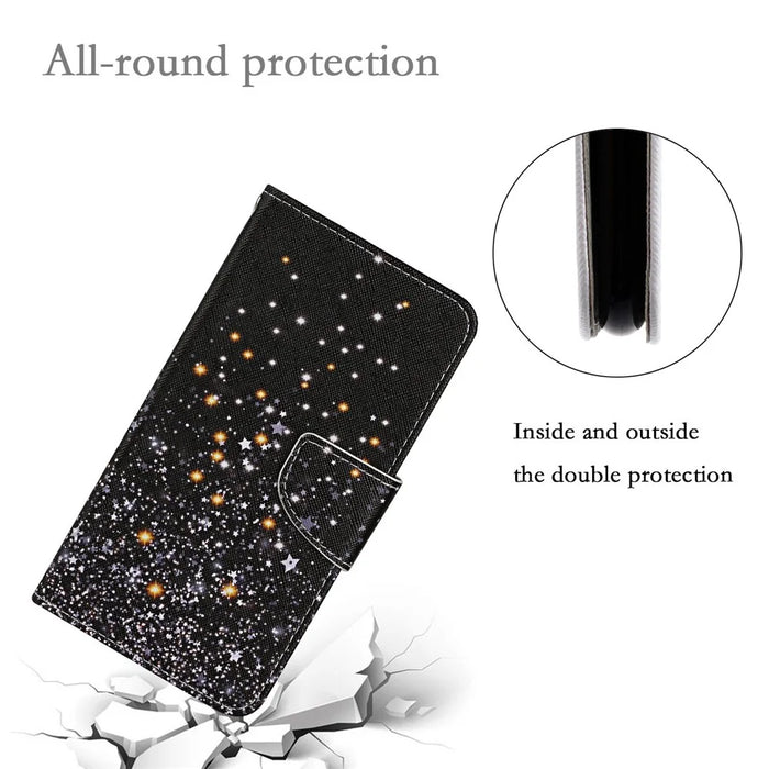 For iPhone 15 Pro Pattern Printing PU Leather Phone Case Cross Texture Wallet Stand Cover with Strap - Shattered Stars - 5