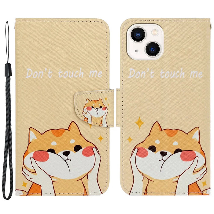 For iPhone 15 Plus Pattern Printing Flip Stand Cover PU Leather Cross Texture Wallet Phone Case with Strap - Akita Dog - 1