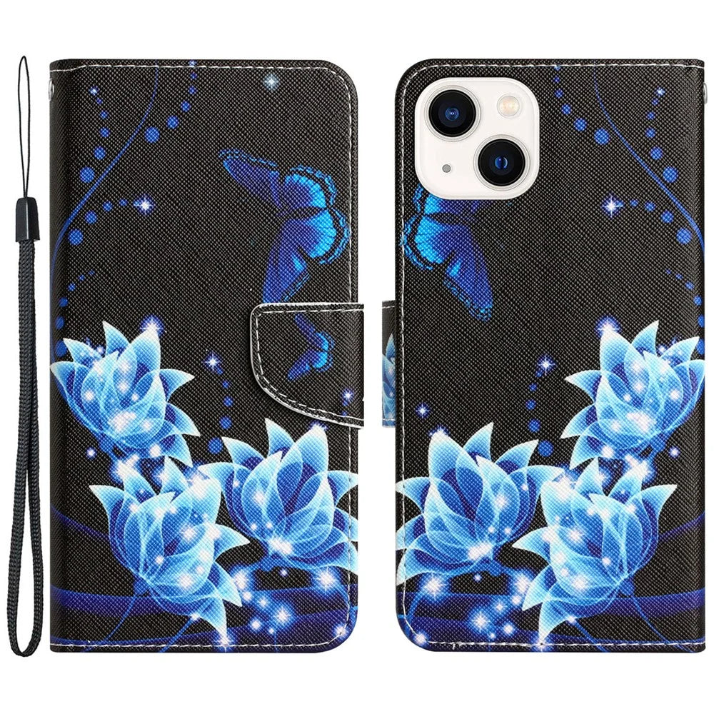 For iPhone 15 Pattern Printing Flip Wallet Case PU Leather Stand Phone Cover with Strap - Blue Butterfly - 1