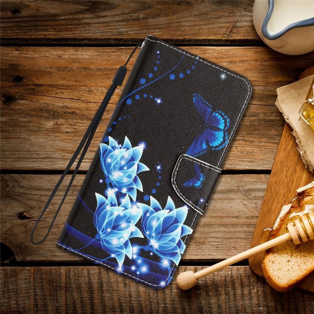For iPhone 15 Pattern Printing Flip Wallet Case PU Leather Stand Phone Cover with Strap - Blue Butterfly - 6