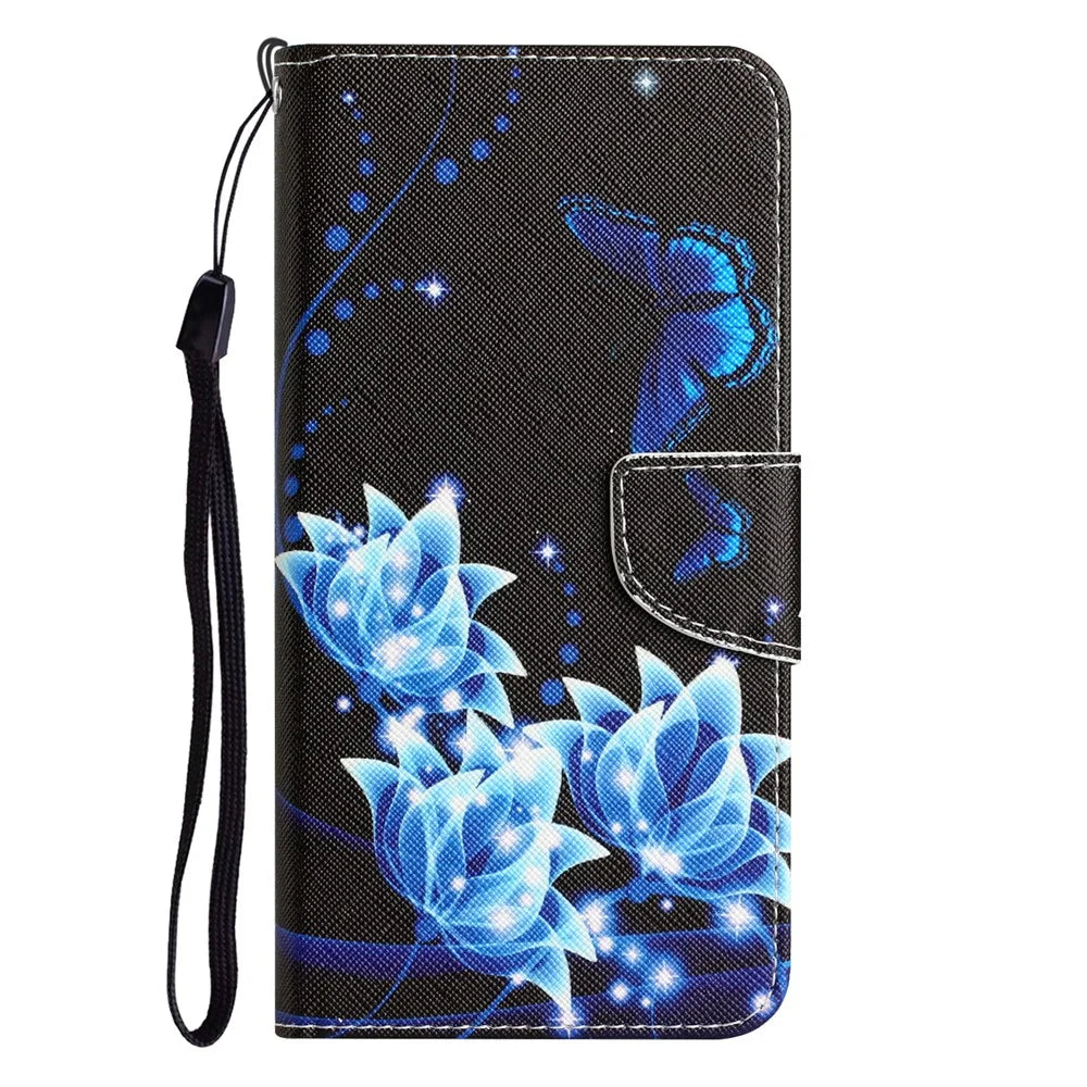 For iPhone 15 Pattern Printing Flip Wallet Case PU Leather Stand Phone Cover with Strap - Blue Butterfly - 7