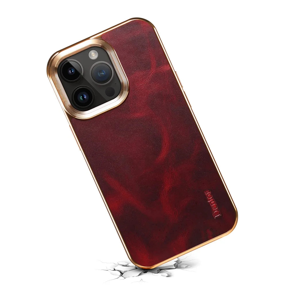 DENIOR For iPhone 13 Pro Waxy Texture Protective Case Genuine Cow Leather+PU Leather+PC Electroplating Phone Cover - Red - 3