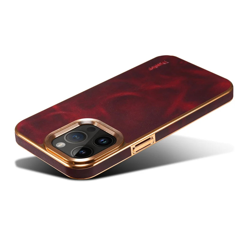 DENIOR For iPhone 13 Pro Waxy Texture Protective Case Genuine Cow Leather+PU Leather+PC Electroplating Phone Cover - Red - 4