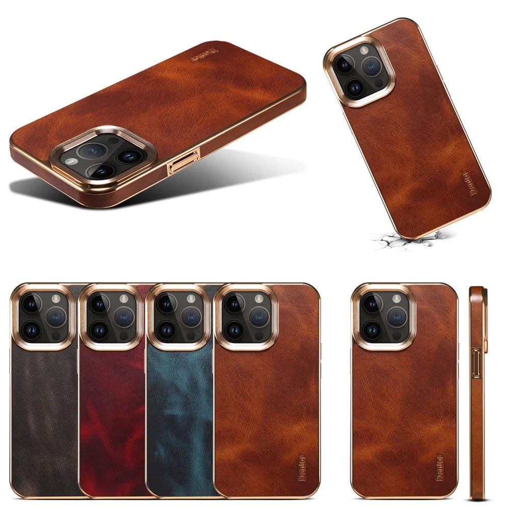 DENIOR For iPhone 13 Pro Waxy Texture Protective Case Genuine Cow Leather+PU Leather+PC Electroplating Phone Cover - Red - 6