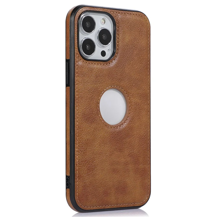 Soft TPU+PU Phone Case for iPhone 14 Pro Max Shockproof Slim Case Logo View Phone Cover - Brown - 2