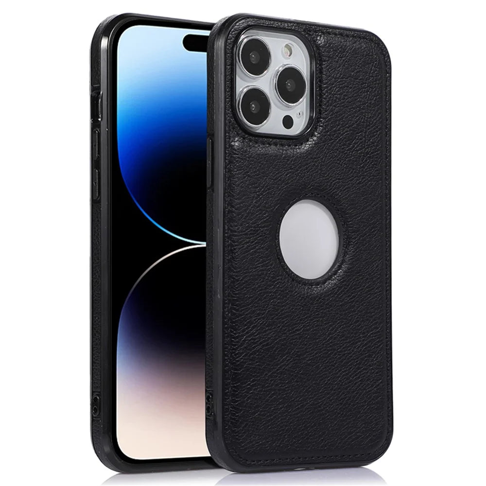 Anti-Drop Phone Cover for iPhone 14 Pro Logo View Shockproof Case Soft TPU+PU Phone Case - Black - 1