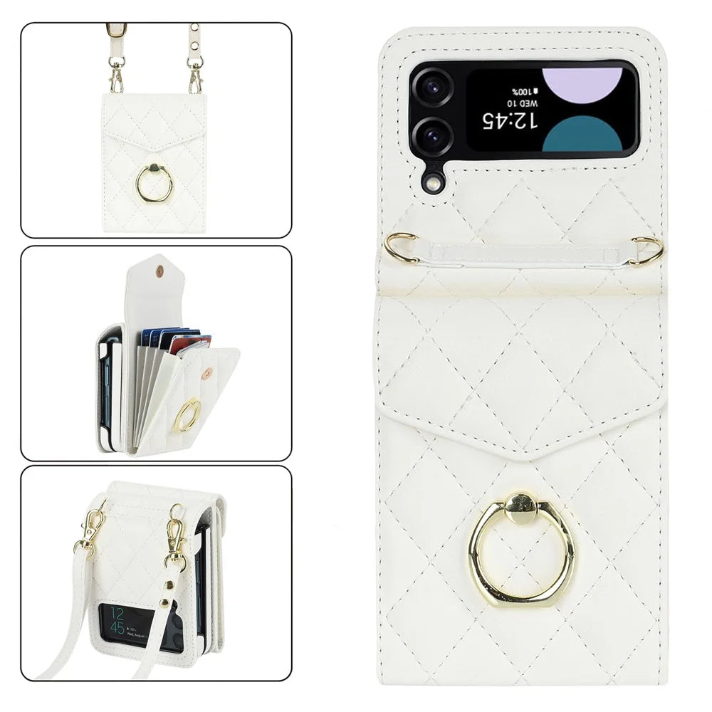 Multiple Card Slots Phone Case for Samsung Galaxy Z Flip3 5G, RFID Blocking Ring Kickstand Leather+PC Cover - White - 1