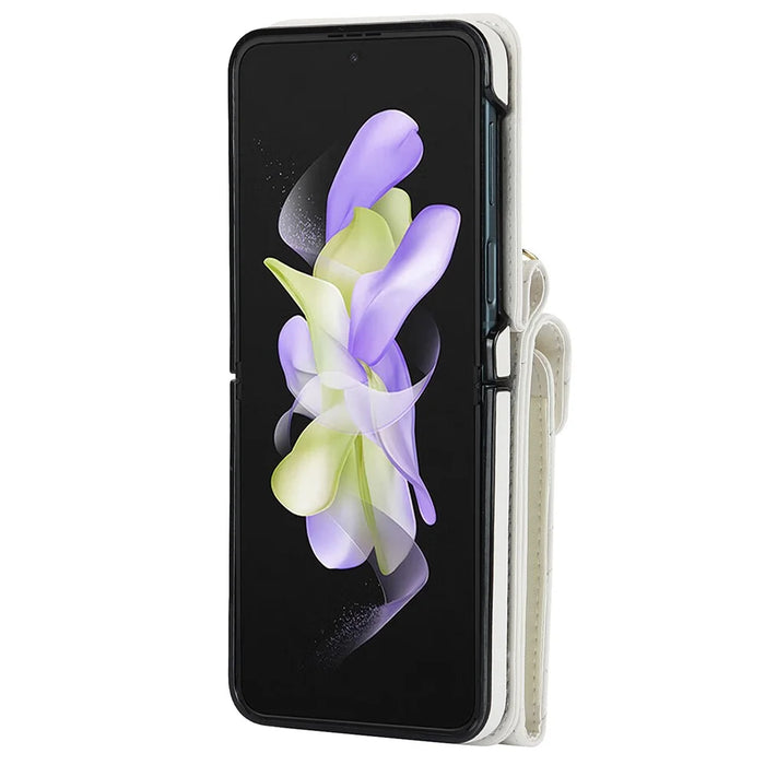 Multiple Card Slots Phone Case for Samsung Galaxy Z Flip3 5G, RFID Blocking Ring Kickstand Leather+PC Cover - White - 3