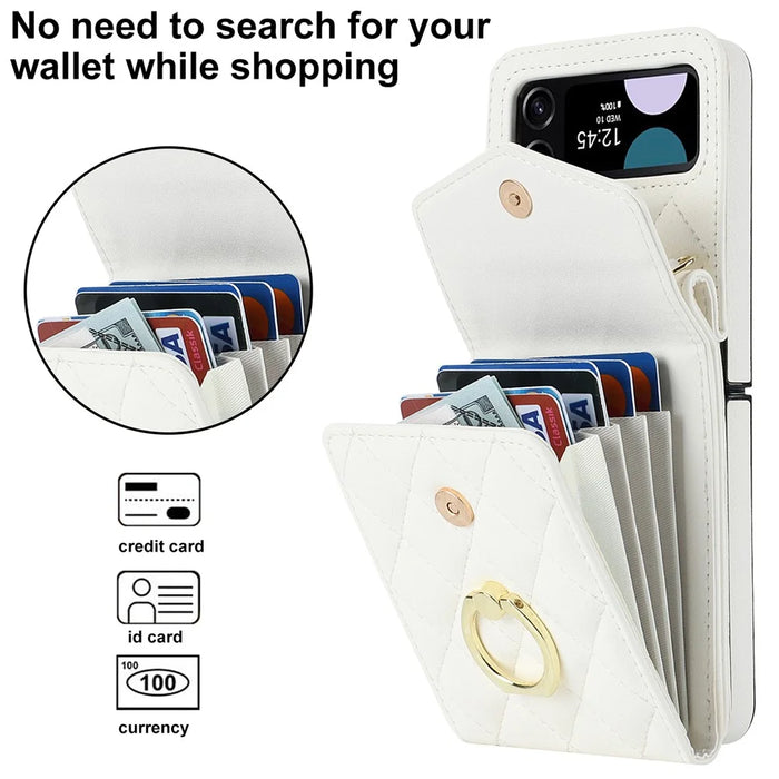 Multiple Card Slots Phone Case for Samsung Galaxy Z Flip3 5G, RFID Blocking Ring Kickstand Leather+PC Cover - White - 4