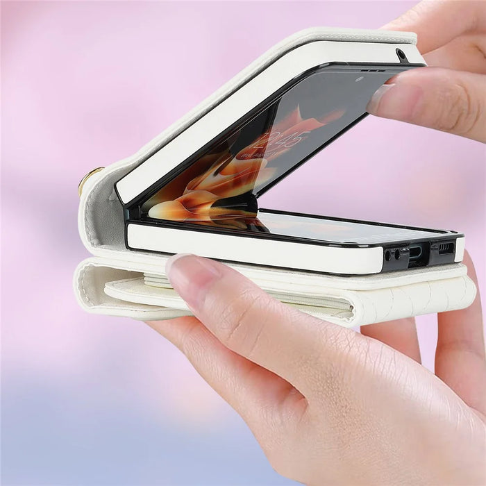 Multiple Card Slots Phone Case for Samsung Galaxy Z Flip3 5G, RFID Blocking Ring Kickstand Leather+PC Cover - White - 5