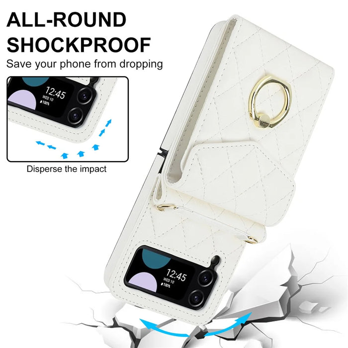 Multiple Card Slots Phone Case for Samsung Galaxy Z Flip3 5G, RFID Blocking Ring Kickstand Leather+PC Cover - White - 7