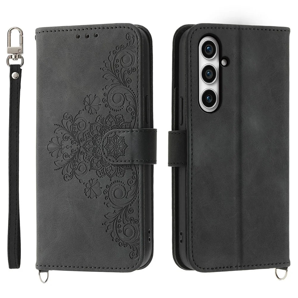 Shockproof Phone Case for Samsung Galaxy S23 FE Imprinted Flower Leather Wallet Stand Cover with 2 Straps - Black - 1