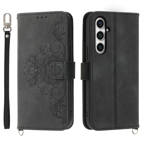 Shockproof Phone Case for Samsung Galaxy S23 FE Imprinted Flower Leather Wallet Stand Cover with 2 Straps - Black - 1