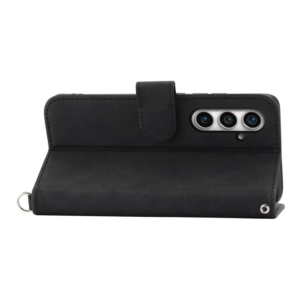 Shockproof Phone Case for Samsung Galaxy S23 FE Imprinted Flower Leather Wallet Stand Cover with 2 Straps - Black - 2