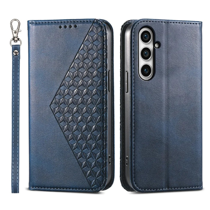 Leather Phone Case for Samsung Galaxy S23 FE Imprinted Rhombus Pattern Wallet Stand Cover - Blue - 1