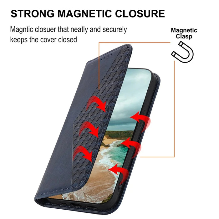 Leather Phone Case for Samsung Galaxy S23 FE Imprinted Rhombus Pattern Wallet Stand Cover - Blue - 5