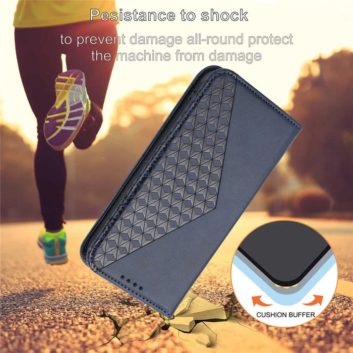 Leather Phone Case for Samsung Galaxy S23 FE Imprinted Rhombus Pattern Wallet Stand Cover - Blue - 7