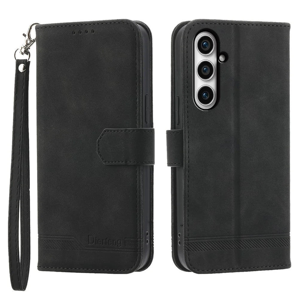 DIERFENG DF-03 for Samsung Galaxy S23 FE Leather Wallet Phone Case Lines Imprint Anti-drop Cover with Stand - Black - 1