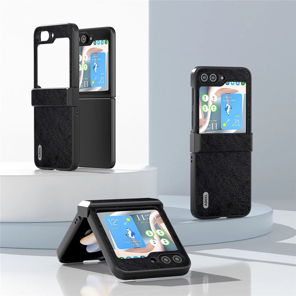 ABEEL For Samsung Galaxy Z Flip5 5G Phone Case Drop-Proof Litchi Texture PU Leather Coated PC Cover - Black - 2