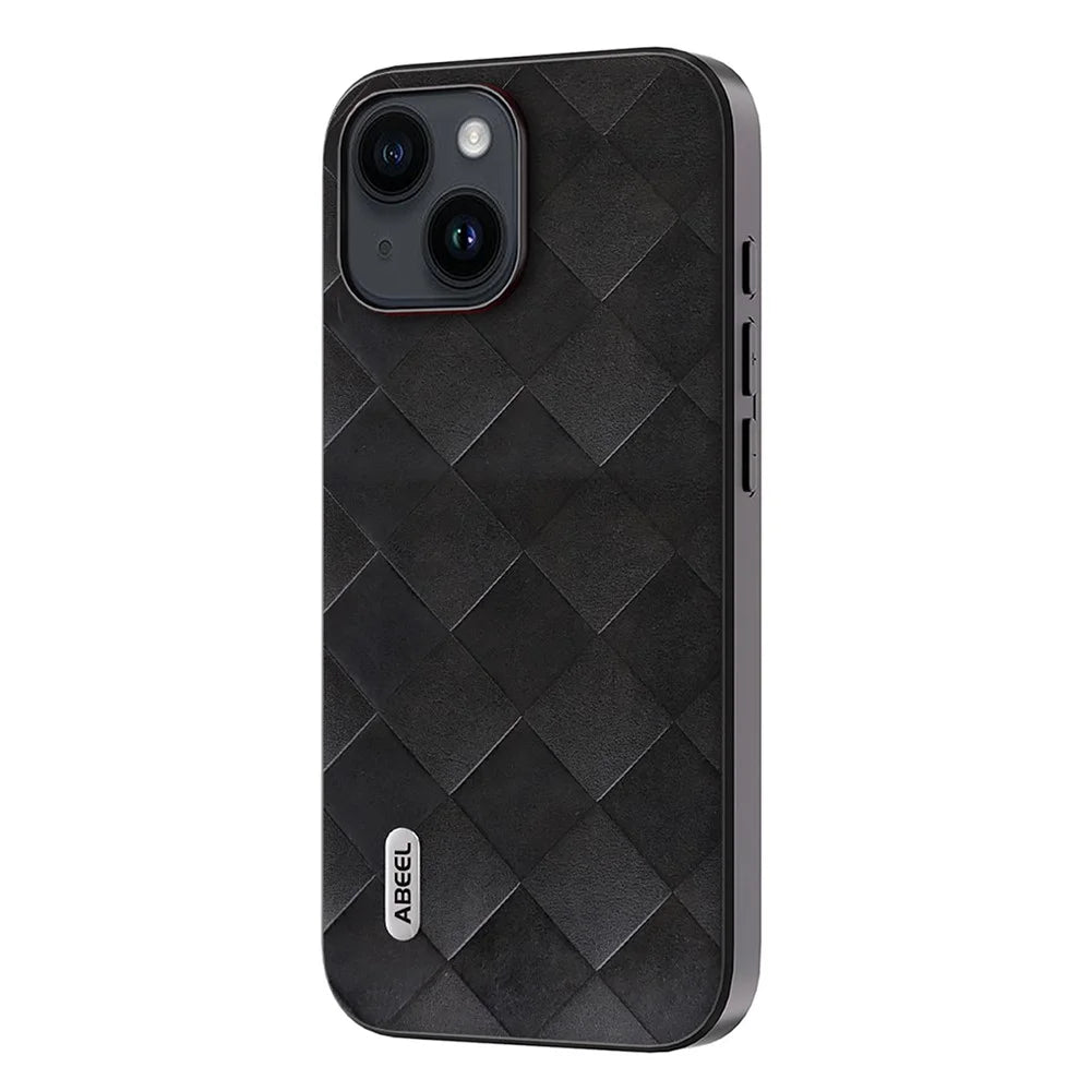 ABEEL For iPhone 15 PU Leather Coated PC+TPU Phone Case Grid Texture Shockproof Cover - Black - 1