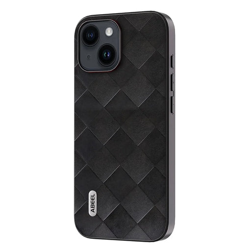 ABEEL For iPhone 15 PU Leather Coated PC+TPU Phone Case Grid Texture Shockproof Cover - Black - 1