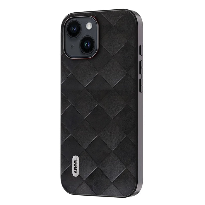 ABEEL For iPhone 15 PU Leather Coated PC+TPU Phone Case Grid Texture Shockproof Cover - Black - 1