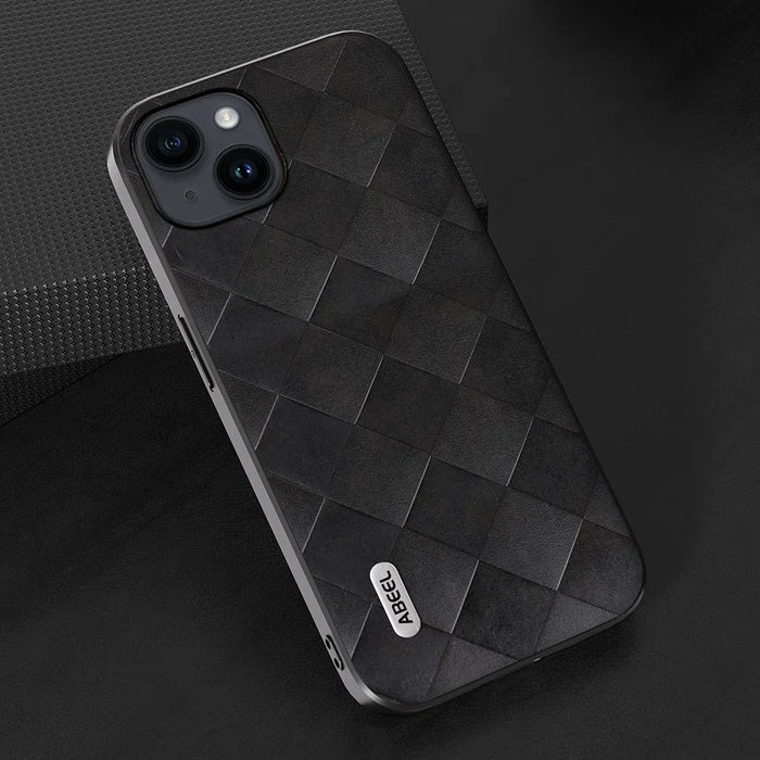 ABEEL For iPhone 15 PU Leather Coated PC+TPU Phone Case Grid Texture Shockproof Cover - Black - 3