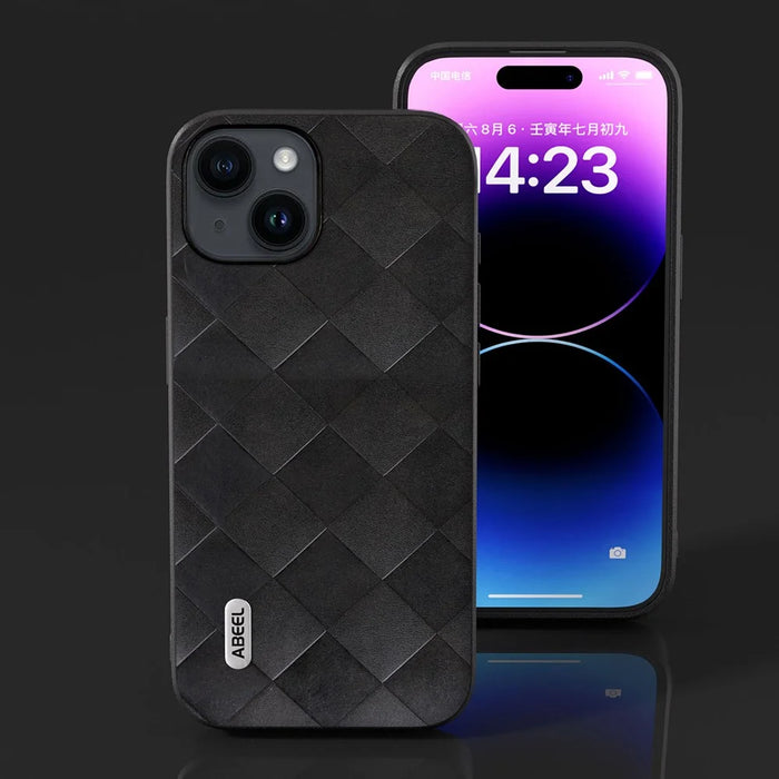 ABEEL For iPhone 15 PU Leather Coated PC+TPU Phone Case Grid Texture Shockproof Cover - Black - 5