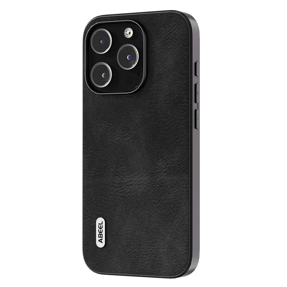 ABEEL Phone Case for iPhone 15 Pro , Shockproof Cowhide Texture PU Leather Coated PC + TPU Cover - Black - 1