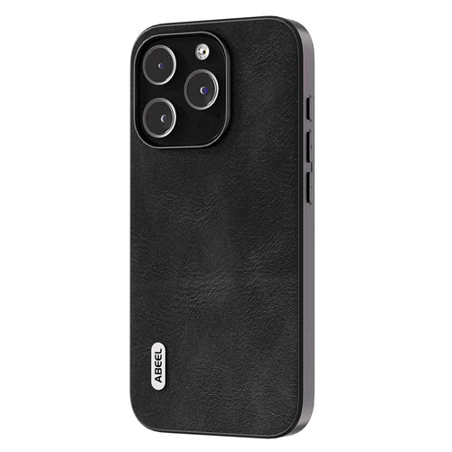 ABEEL Phone Case for iPhone 15 Pro , Shockproof Cowhide Texture PU Leather Coated PC + TPU Cover - Black - 1