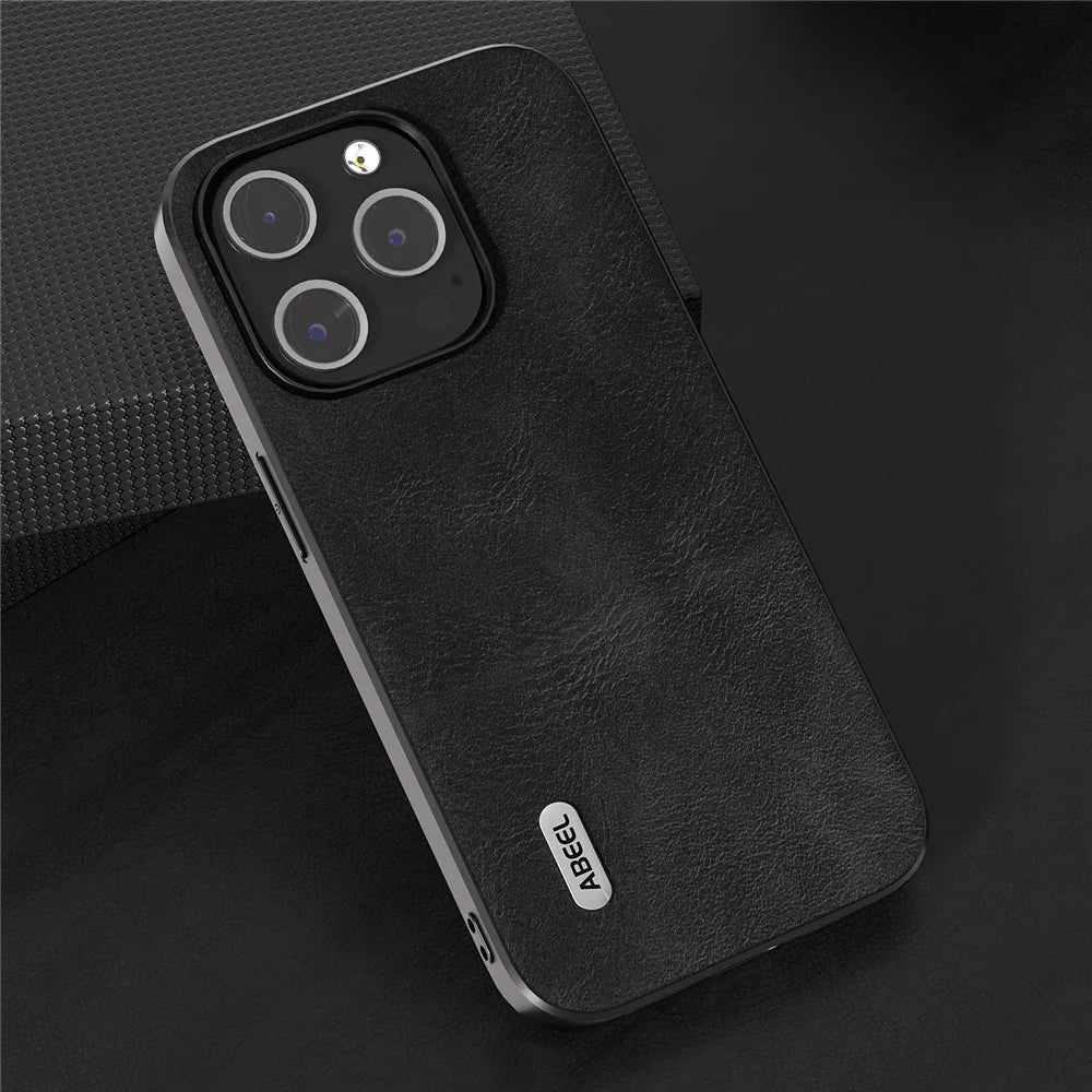 ABEEL Phone Case for iPhone 15 Pro , Shockproof Cowhide Texture PU Leather Coated PC + TPU Cover - Black - 3