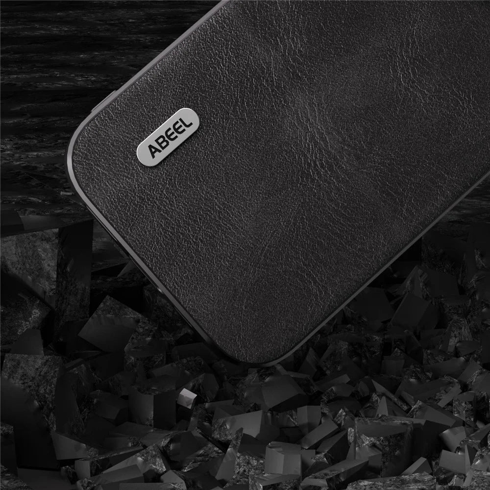 ABEEL Phone Case for iPhone 15 Pro , Shockproof Cowhide Texture PU Leather Coated PC + TPU Cover - Black - 4