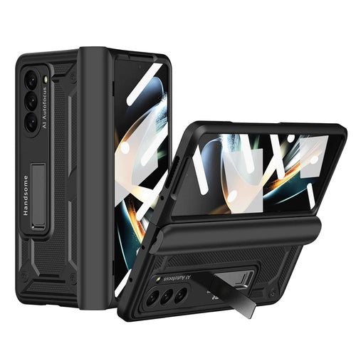 For Samsung Galaxy Z Fold5 5G Hard PC Hinge Protection Case Magnetic Kickstand Phone Cover with Tempered Glass Film - Black - 1