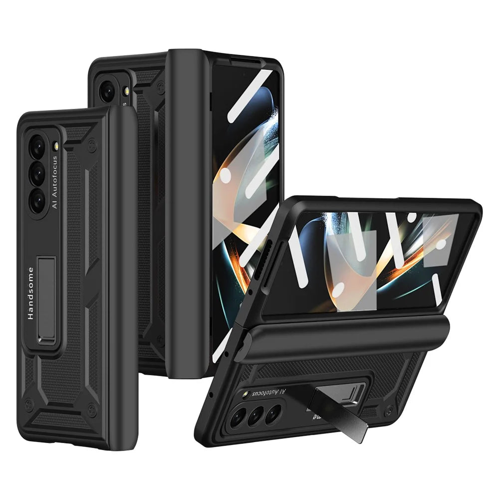 For Samsung Galaxy Z Fold5 5G Hard PC Hinge Protection Case Magnetic Kickstand Phone Cover with Tempered Glass Film - Black - 2