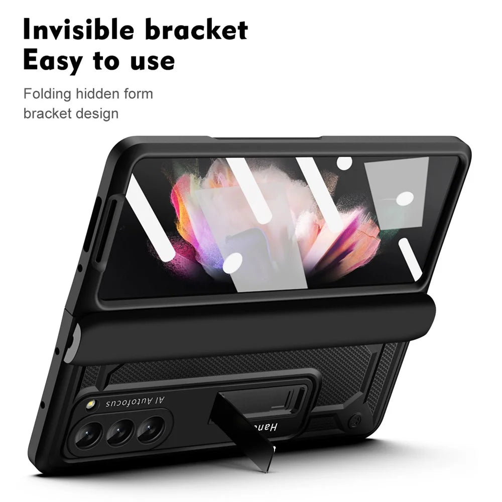 For Samsung Galaxy Z Fold5 5G Hard PC Hinge Protection Case Magnetic Kickstand Phone Cover with Tempered Glass Film - Black - 3
