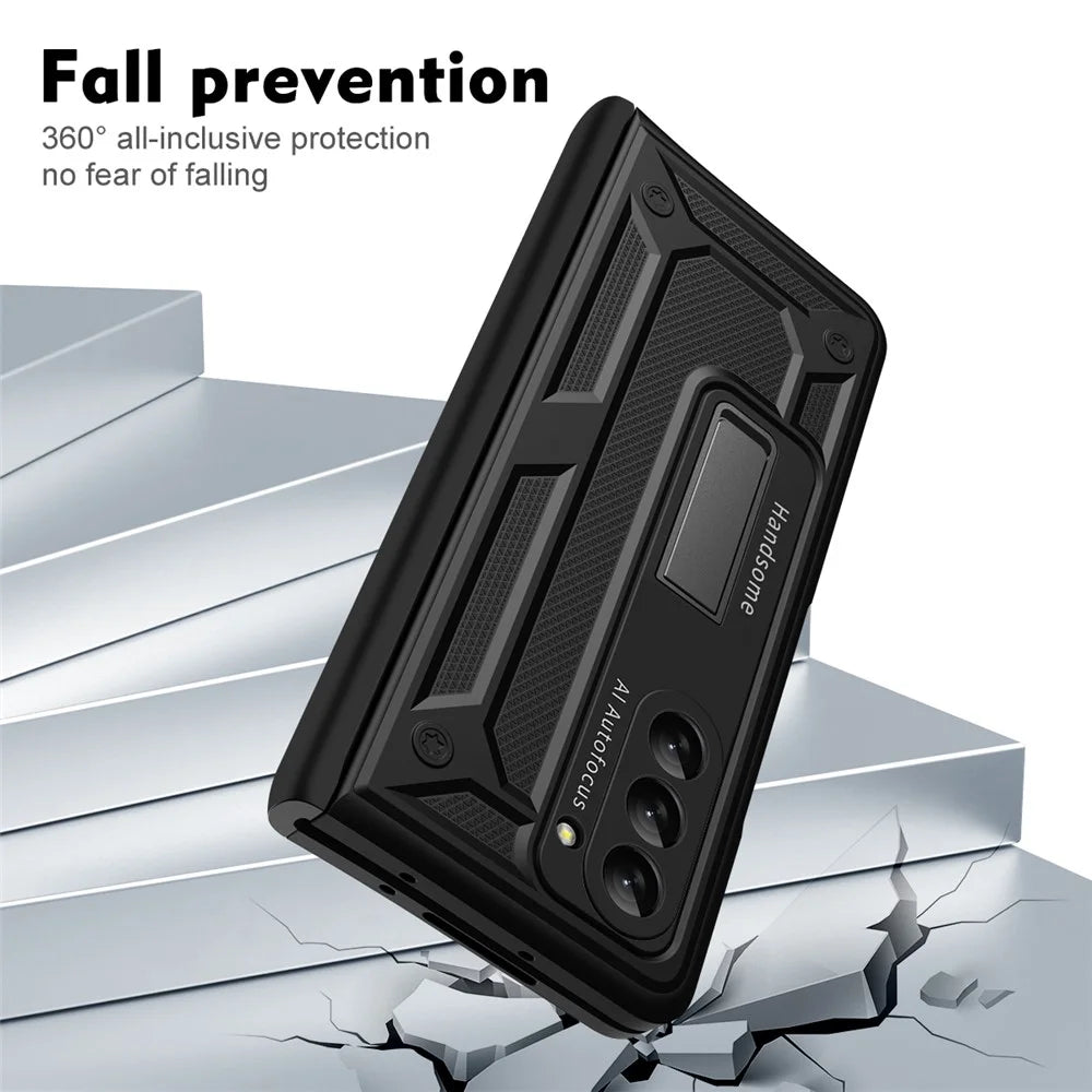 For Samsung Galaxy Z Fold5 5G Hard PC Hinge Protection Case Magnetic Kickstand Phone Cover with Tempered Glass Film - Black - 4