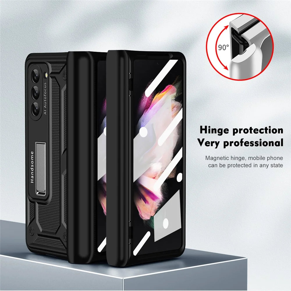 For Samsung Galaxy Z Fold5 5G Hard PC Hinge Protection Case Magnetic Kickstand Phone Cover with Tempered Glass Film - Black - 5