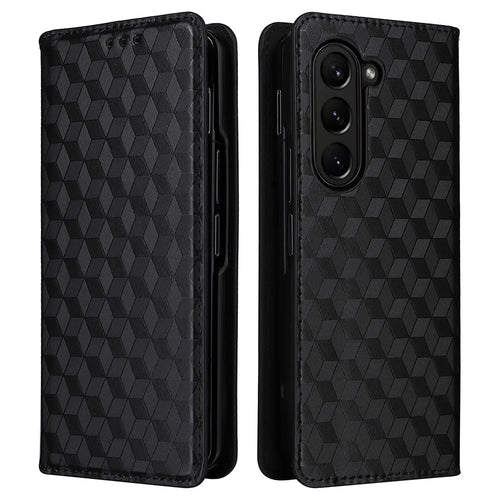Wallet Phone Case for Samsung Galaxy Z Fold5 5G Rhombus Imprinted PU Leather Phone Cover - Black - 1