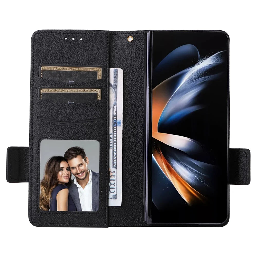 Wallet Phone Case for Samsung Galaxy Z Fold5 5G Litchi Texture TPU+Leather Flip Cover with Strap - Black - 2