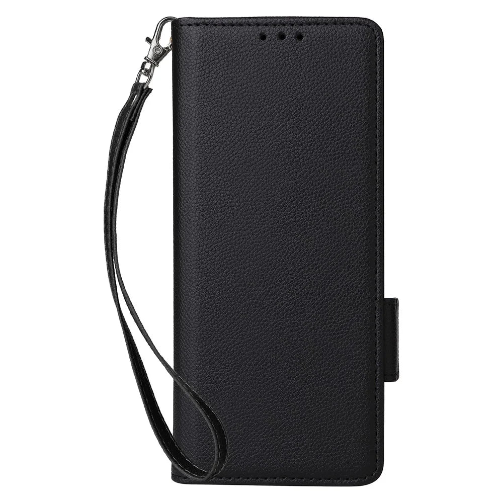 Wallet Phone Case for Samsung Galaxy Z Fold5 5G Litchi Texture TPU+Leather Flip Cover with Strap - Black - 5