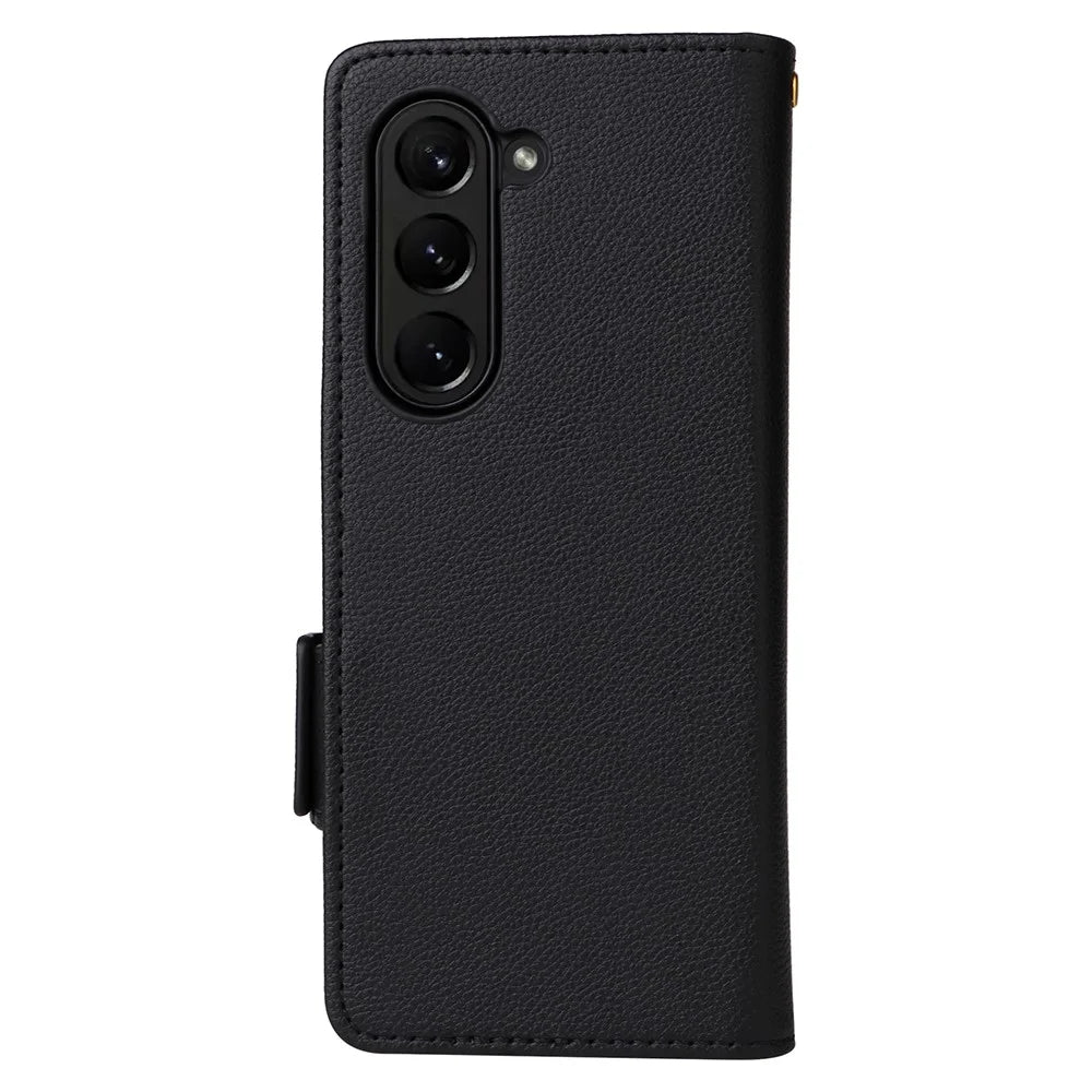 Wallet Phone Case for Samsung Galaxy Z Fold5 5G Litchi Texture TPU+Leather Flip Cover with Strap - Black - 6