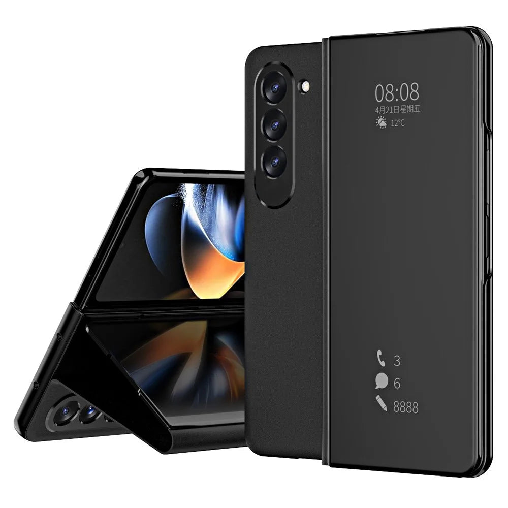 For Samsung Galaxy Z Fold5 5G Mirror Surface Phone Case PU Leather Stand Electroplating Cover - Black - 1