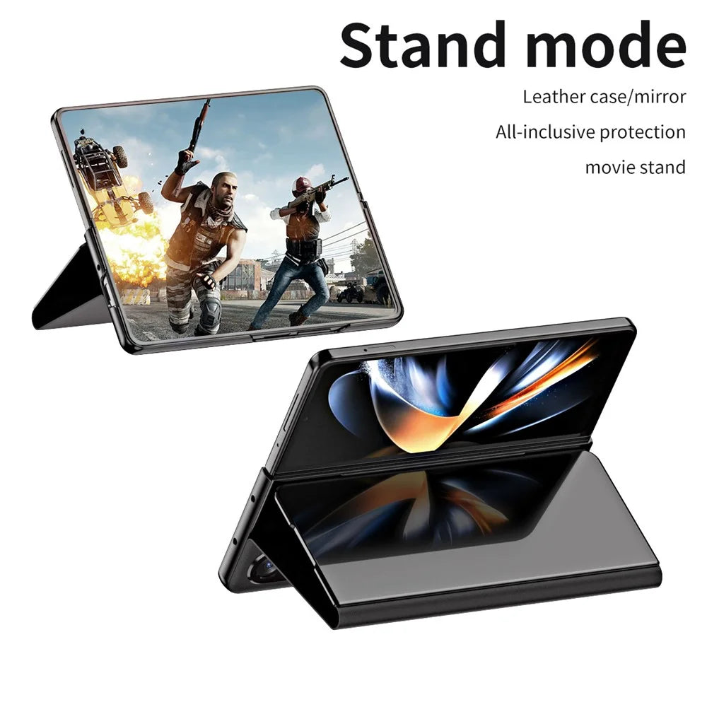 For Samsung Galaxy Z Fold5 5G Mirror Surface Phone Case PU Leather Stand Electroplating Cover - Black - 2