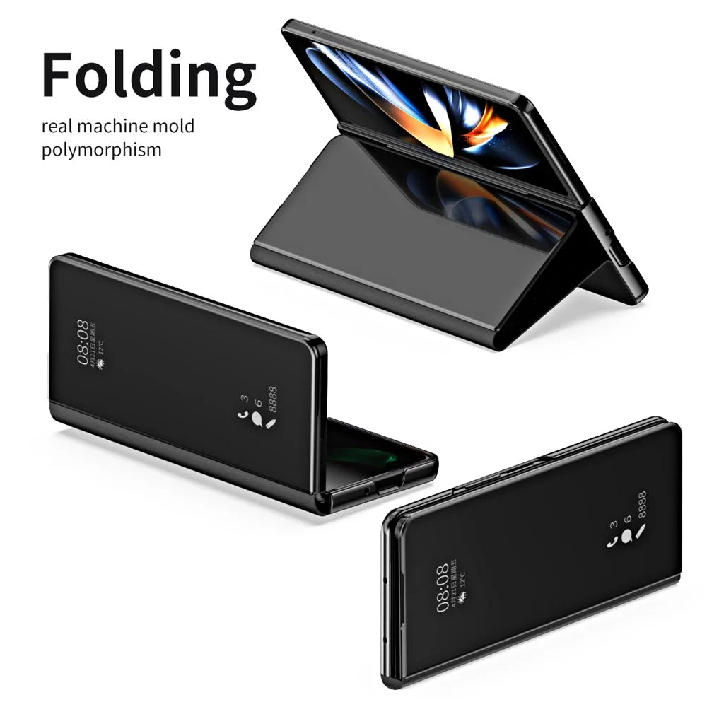 For Samsung Galaxy Z Fold5 5G Mirror Surface Phone Case PU Leather Stand Electroplating Cover - Black - 3