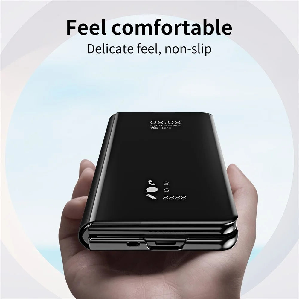For Samsung Galaxy Z Fold5 5G Mirror Surface Phone Case PU Leather Stand Electroplating Cover - Black - 4